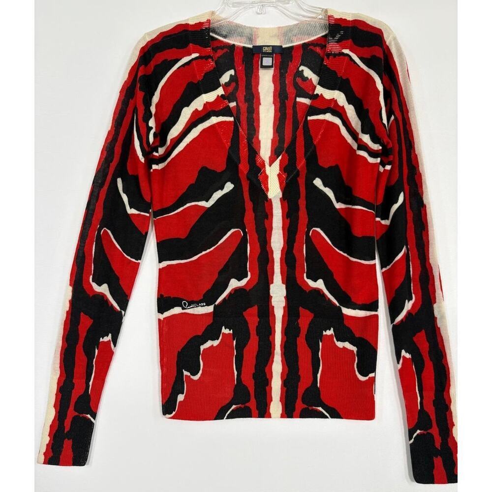 Roberto Cavalli Red Animal Print Abstract V Neck Sweater Size 4